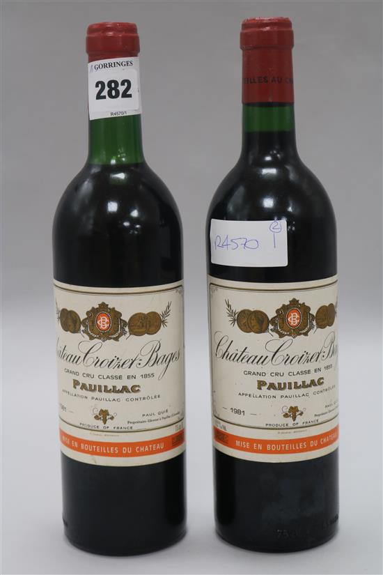 Two Bottles of Chateau Croizet-Bages, Pauillac, 1981.